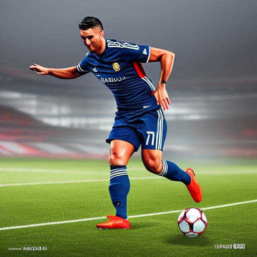  Ronaldo kicking a soccer ball hyperrealistic, full body, detailed clothing, highly detailed, cinematic lighting, stunningly beautiful, intricate, sharp focus, f/1. 8, 85mm, (centered image composition), (professionally color graded), ((bright soft diffused light)), volumetric fog, trending on instagram, trending on tumblr, HDR 4K, 8K