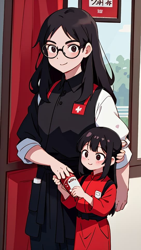  happy vietnamese bald man with glasses black frame rectangular wearing a red polo and black apron. his younger sister wears no glasses wears a judo kimono long black hair and a white belt jiu jitsu . both standing in a vendor holding selling bottle of hot chili sauce siblings arms crossed, (anime:1.15), HQ, Hightly detailed, 4k