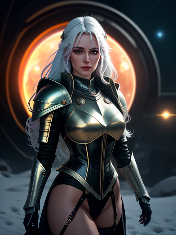  surrealistic fantasy image in a space theme, (planets, outer space, stars, twilight, detailed), 1 young , knight, in outer space, looking at the viewer, with long hair, snow white hair color, closed armor made of metal, leather corset, metal shoulder pads, made of thin metal plates, parted lips, her body is enveloped in an aura of warm neon luminescent soft light, (extremely detailed oil painting:1.2), glow effects, godrays, hand drawn, render, 8k, octane render, cinema 4d, blender, dark, atmospheric 4k ultra detailed, cinematic sensual, sharp focus, humorous ilration, big depth of field, masterpiece, colors, 3d octane render, 4k, concept art, trending on artstation, hyperrealistic, vivid colors, extremely detailed cg un hyperrealistic, full body, detailed clothing, highly detailed, cinematic lighting, stunningly beautiful, intricate, sharp focus, f/1. 8, 85mm, (centered image composition), (professionally color graded), ((bright soft diffused light)), volumetric fog, trending on instagram, trending on tumblr, HDR 4K, 8K