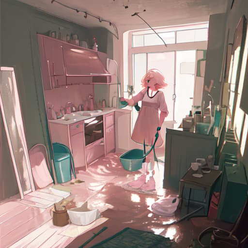  Lady with short pink hair cleaning a house