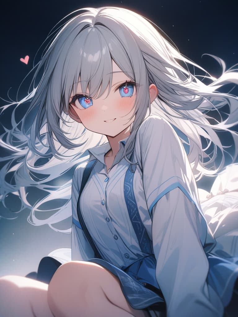  heart, smiling, girl, loli, ross, jumping, silver hair, light blue eyes, heart in the eyes, masterpiece, best quality,8k,ultra detailed,high resolution,an extremely delicate and beautiful,hyper detail