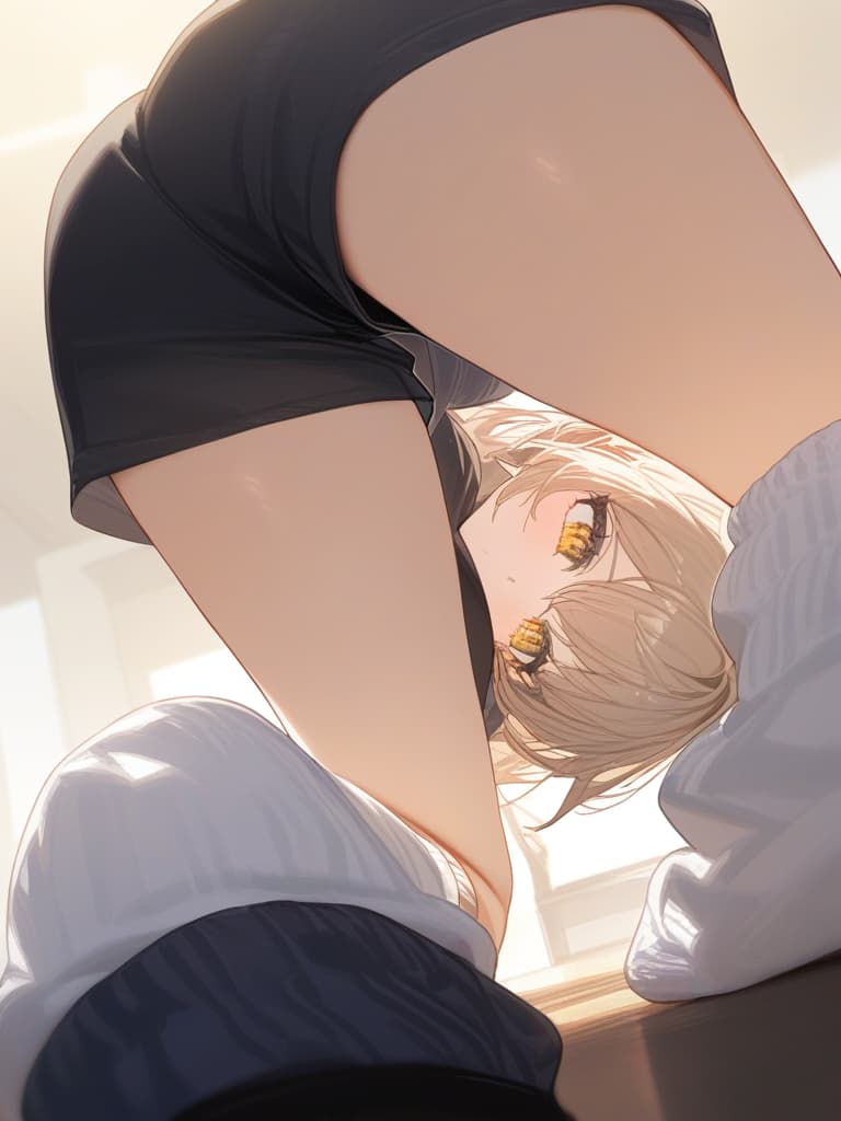  (loose socks: 1.3), silverbeige hair, yellow eyes, black t shirt, shorts, (low angle: 1.2), citycape, (bending over: 1.2), best quality, masterpiece, masterpiece, masterpiece, masterpiece, masterpiece, masterpiece. ultra detailed,