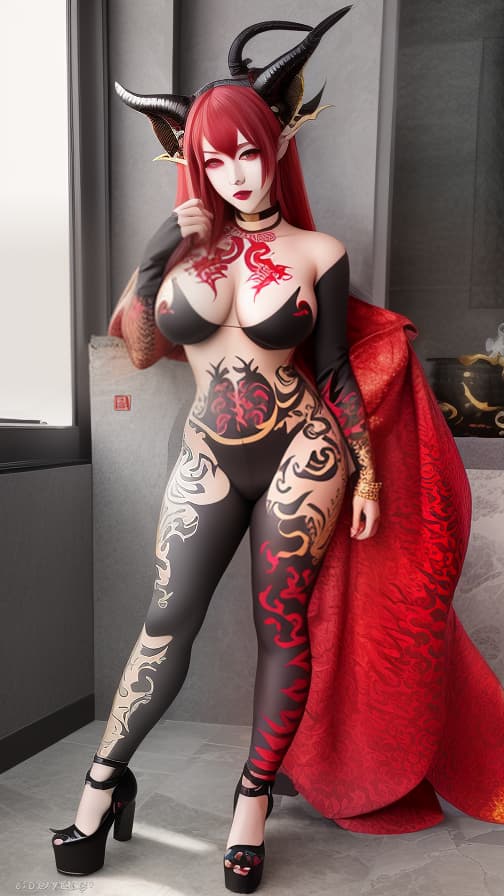  Red and G old dragon pattern face paint, golden dragon and red dragon pattern body paint in every corner of the whole body, Grey body paint, two succubus sisters, full body image 女の子