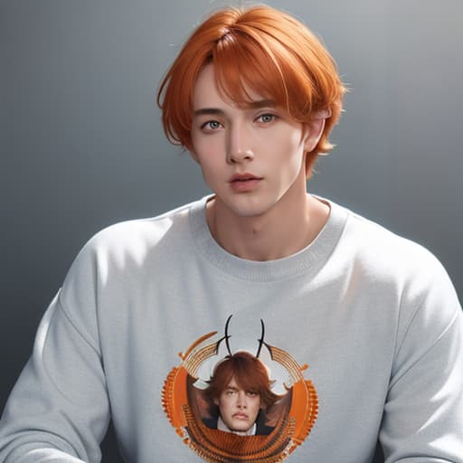  masterpiece,high quality,1 handsome male,orange hair,short hair,bangs,blown eyes, clear skin,sweatshirt, hyperrealistic, full body, detailed clothing, highly detailed, cinematic lighting, stunningly beautiful, intricate, sharp focus, f/1. 8, 85mm, (centered image composition), (professionally color graded), ((bright soft diffused light)), volumetric fog, trending on instagram, trending on tumblr, HDR 4K, 8K