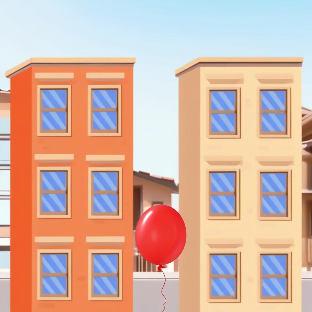  balloon flies through two houses, realistic image