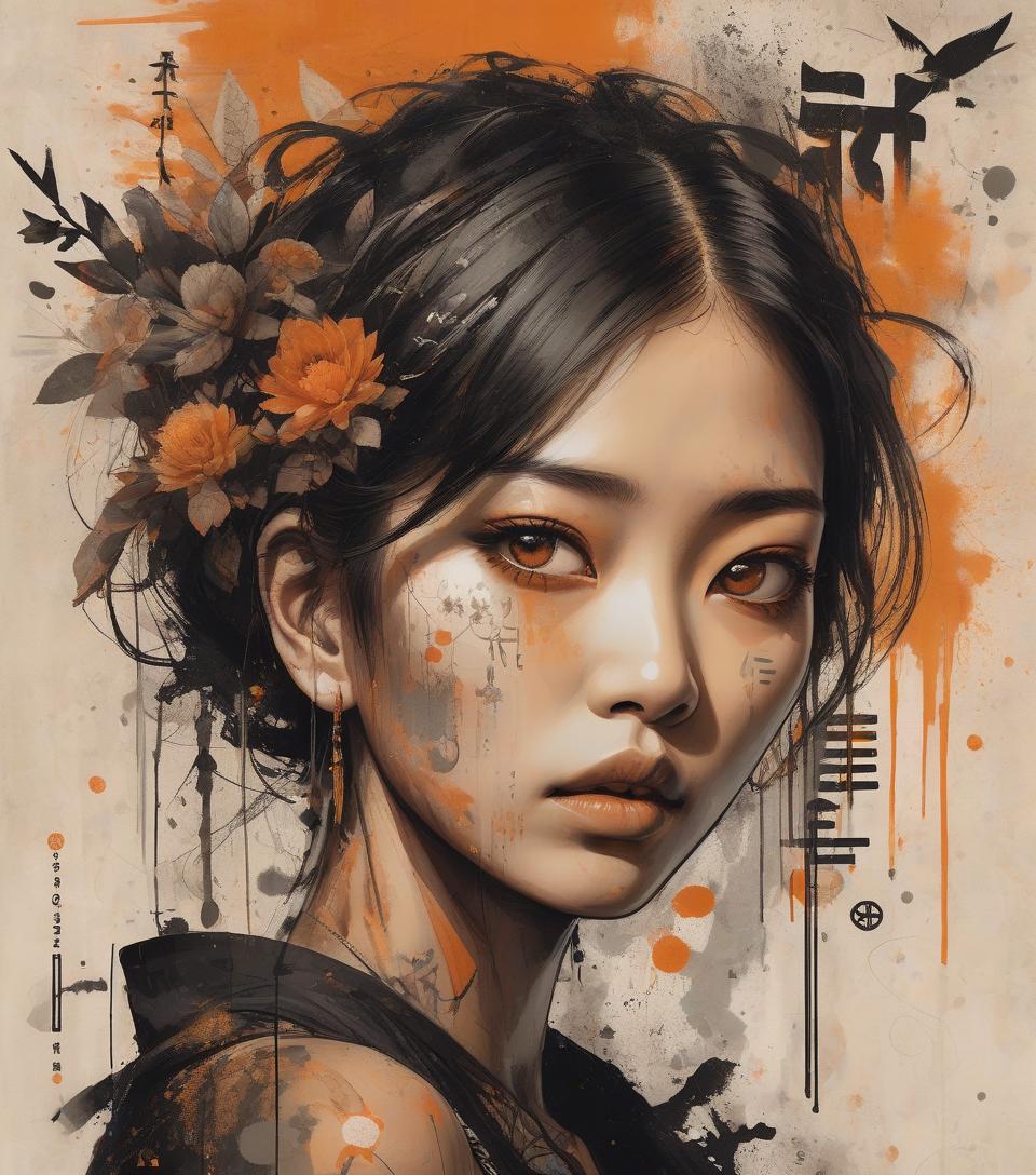  concept art asian woman, beautiful face, black and orange color tones, wabi sabi art, abstract , punk collage , urbanpunk, flowerpunk, random textures, random graffiti strokes, kanji characters, surreal artwork, impermanence . digital artwork, illustrative, painterly, matte painting, highly detailed