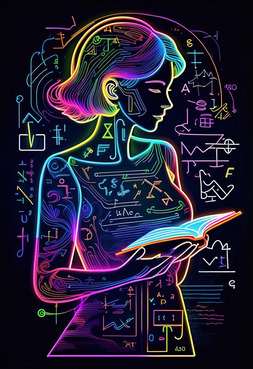  line art drawing tech bright circuit board fractal glossy bright multicolored ink sketch shiny outlines, thin contour line coloring, thin line, multicolor line, outlines of a silhouette of a girl reading a book made of mathematical symbols, (neon color mathematical symbols and formulas:1.4), that float around him, flying clocks, on a black background, style of jean delville, art in minimalist style, linear icons, (linear icon:1.5), line ilustration, . professional, sleek, modern, minimalist, graphic, line art, vector graphics