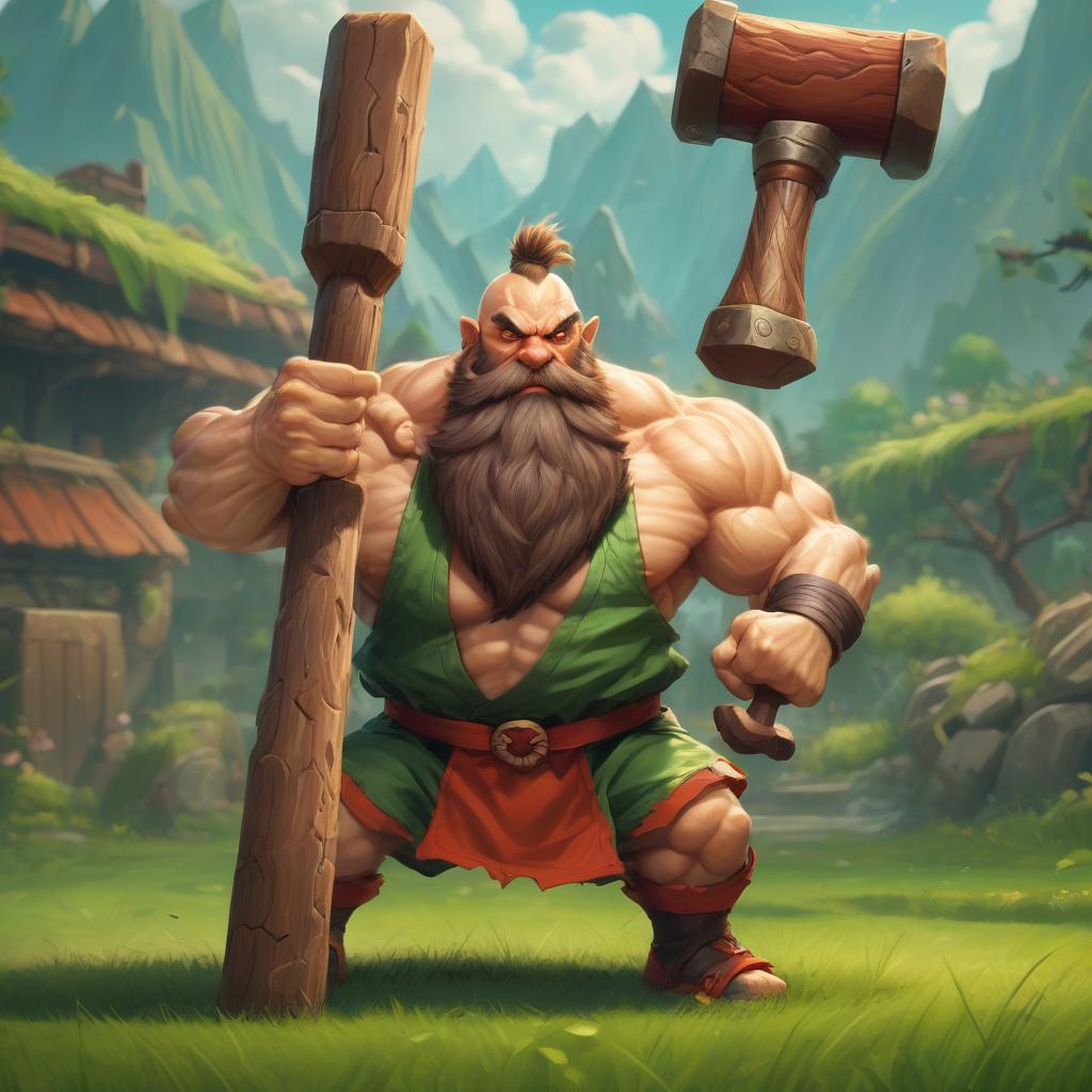  street fighter style bearded dwarf with a wooden hammer against a green lawn . vibrant, dynamic, arcade, 2d fighting game, highly detailed, reminiscent of street fighter series