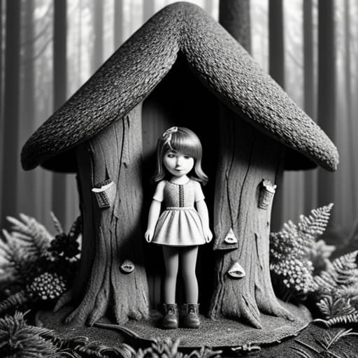  create a coloring book image in black and white for kids about a little girl living in a mushroom house i the forest. hyperrealistic, full body, detailed clothing, highly detailed, cinematic lighting, stunningly beautiful, intricate, sharp focus, f/1. 8, 85mm, (centered image composition), (professionally color graded), ((bright soft diffused light)), volumetric fog, trending on instagram, trending on tumblr, HDR 4K, 8K