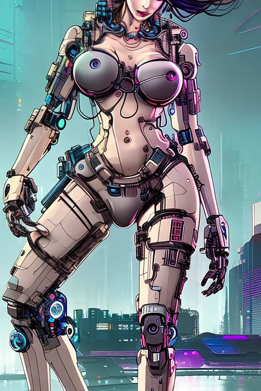  Cyberpunk women with robotic arms and open big boobs , open from top wearing a underwear