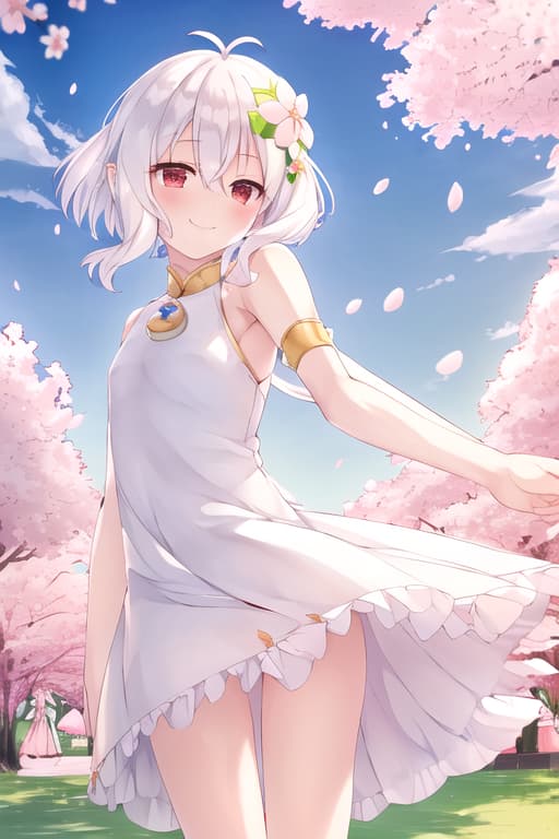  smooth legs,long white hair,wearing a white sundress with nothing underneath,smiling,dress swaying in the wind,(kokkoro:1.3), (masterpiece), (highest quality), (intricate), (high detail),cherry blossom, relaxing under a cherry blossom tree, summer day, masterpiece, best quality, high quality, solo