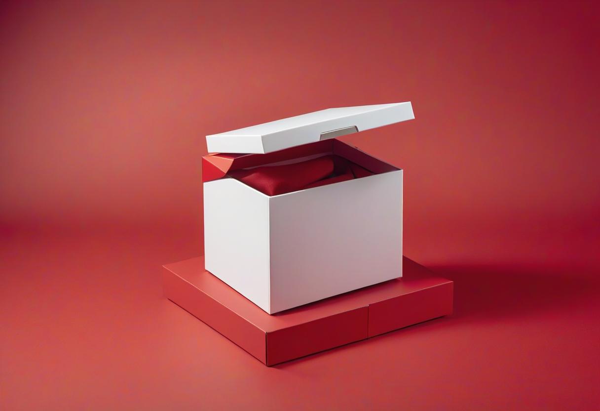  a white box levitating in the center on a red background