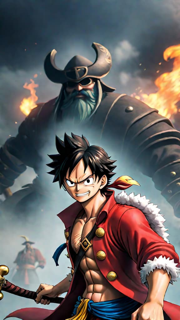  create an anime art of luffy's conqueror's haki facing blackbeard's dark powers in battle. hyperrealistic, full body, detailed clothing, highly detailed, cinematic lighting, stunningly beautiful, intricate, sharp focus, f/1. 8, 85mm, (centered image composition), (professionally color graded), ((bright soft diffused light)), volumetric fog, trending on instagram, trending on tumblr, HDR 4K, 8K