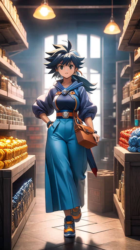  ginka hagani from beyblade entering a dusty old shop, glimmering box on a high shelf, anime art hyperrealistic, full body, detailed clothing, highly detailed, cinematic lighting, stunningly beautiful, intricate, sharp focus, f/1. 8, 85mm, (centered image composition), (professionally color graded), ((bright soft diffused light)), volumetric fog, trending on instagram, trending on tumblr, HDR 4K, 8K