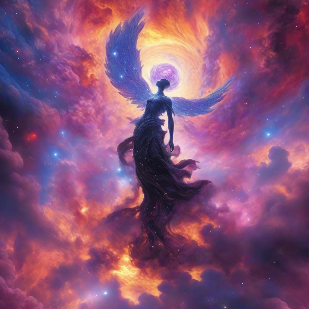  a celestial figure rising above a planet, engulfed in flames of light with outstretched wings, surrounded by swirling galaxies, distant planets, and vibrant nebulas. the space environment glows in shades of blue, purple, and deep black, contrasted by warm yellows and reds radiating from the central figure.