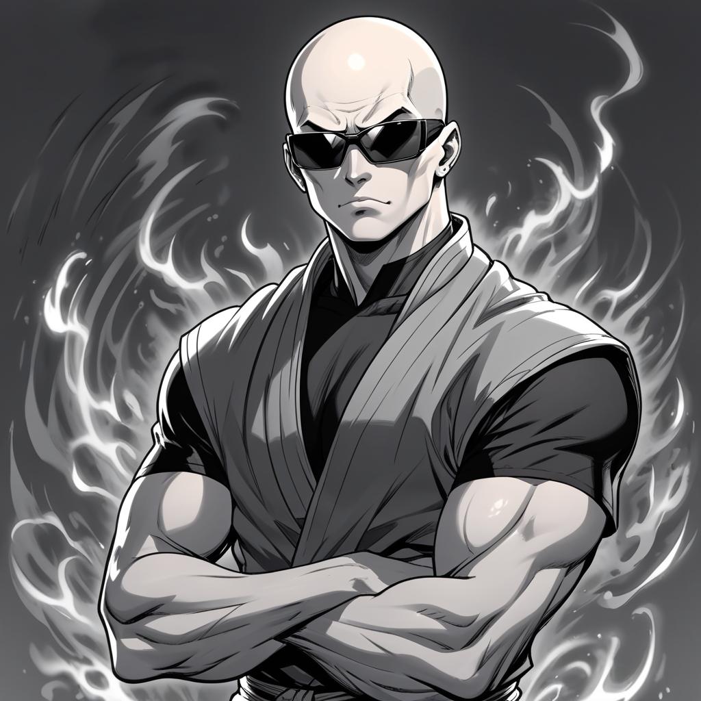  manga artwork a male young bald monk,he has johnny cage appearance,make him serious with some menacing aura around him,draw him manga style black and white during a impact frame,he wears sun glasses impact frames. manga artist. manga, highly emotional. best quality, high resolution