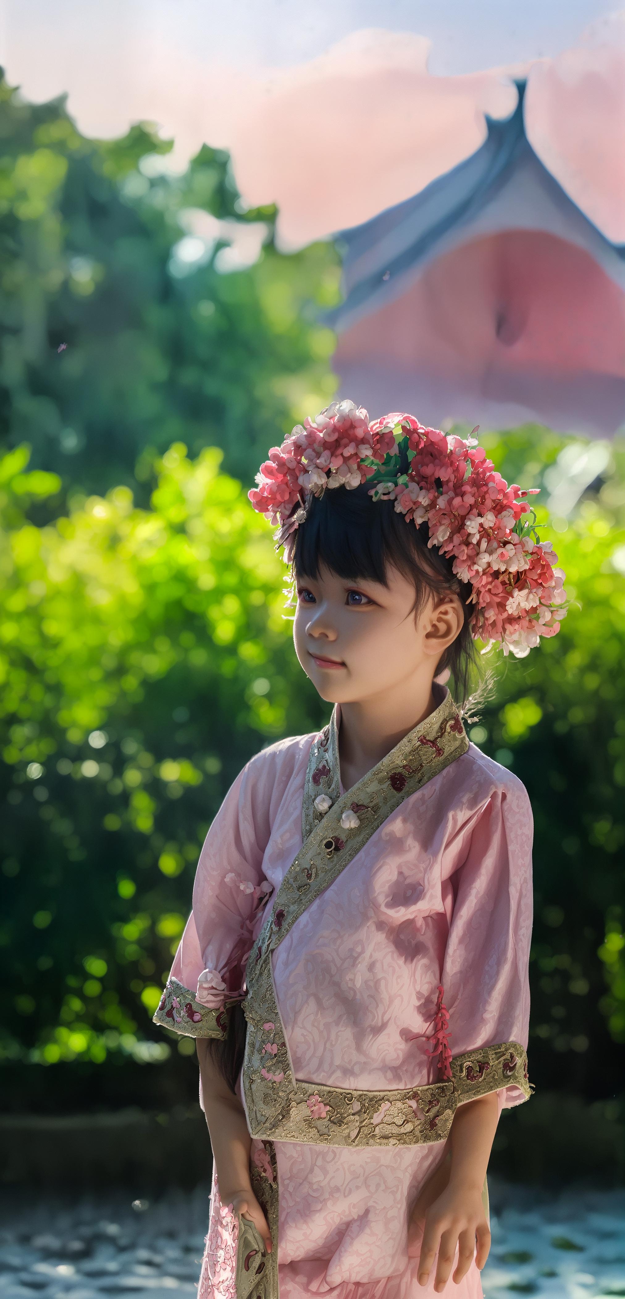  ,a cartoon chinese woman in hanfu, smiling and pointing at the front with one hand holding an ancient style basket on her shoulder, full body shot, solid color background, high definition details, light pink and white tones, 3d modeling, in the style of pixar animation, high resolution. ar 3:4