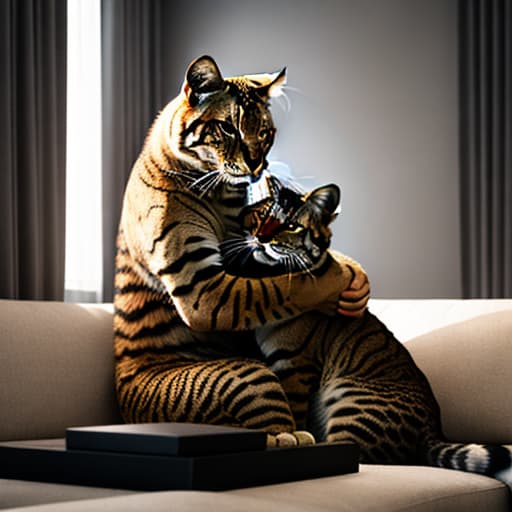  a big cat hugs a cute girl in the living room,pokemon hyperrealistic, full body, detailed clothing, highly detailed, cinematic lighting, stunningly beautiful, intricate, sharp focus, f/1. 8, 85mm, (centered image composition), (professionally color graded), ((bright soft diffused light)), volumetric fog, trending on instagram, trending on tumblr, HDR 4K, 8K