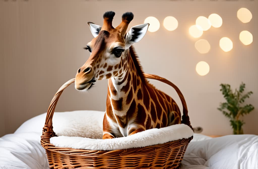  professional detailed photography, close up of giraffe in wicker basket on soft white bedding on light background with bokeh highlights ar 3:2, (muted colors, dim colors, soothing tones), (vsco:0.3)