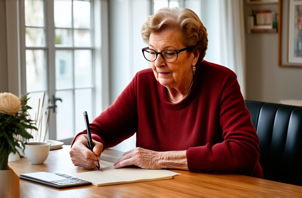  professional detailed photography, grandmother with glasses works at a table in a bright room, good lighting ar 3:2, (muted colors, dim colors, soothing tones), (vsco:0.3)