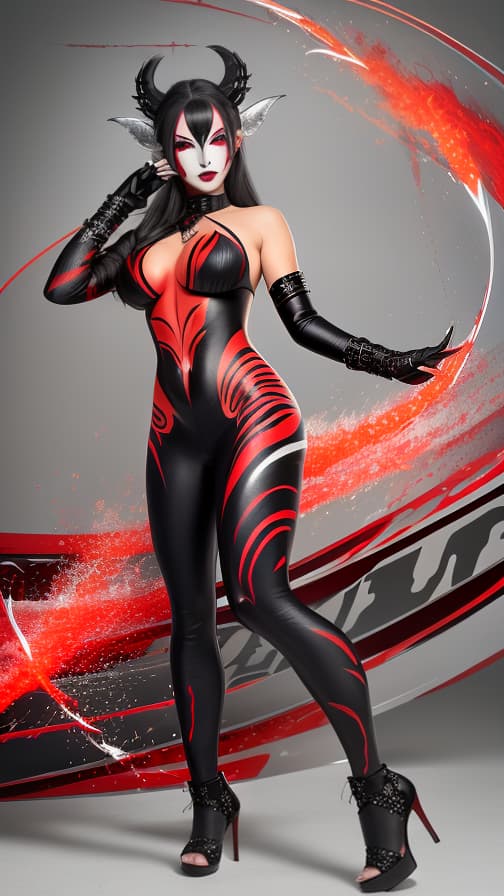  Full body red and Black flame pattern body paint, Silver body paint on the whole body, Silver face paint on the face, Dark elf 女性