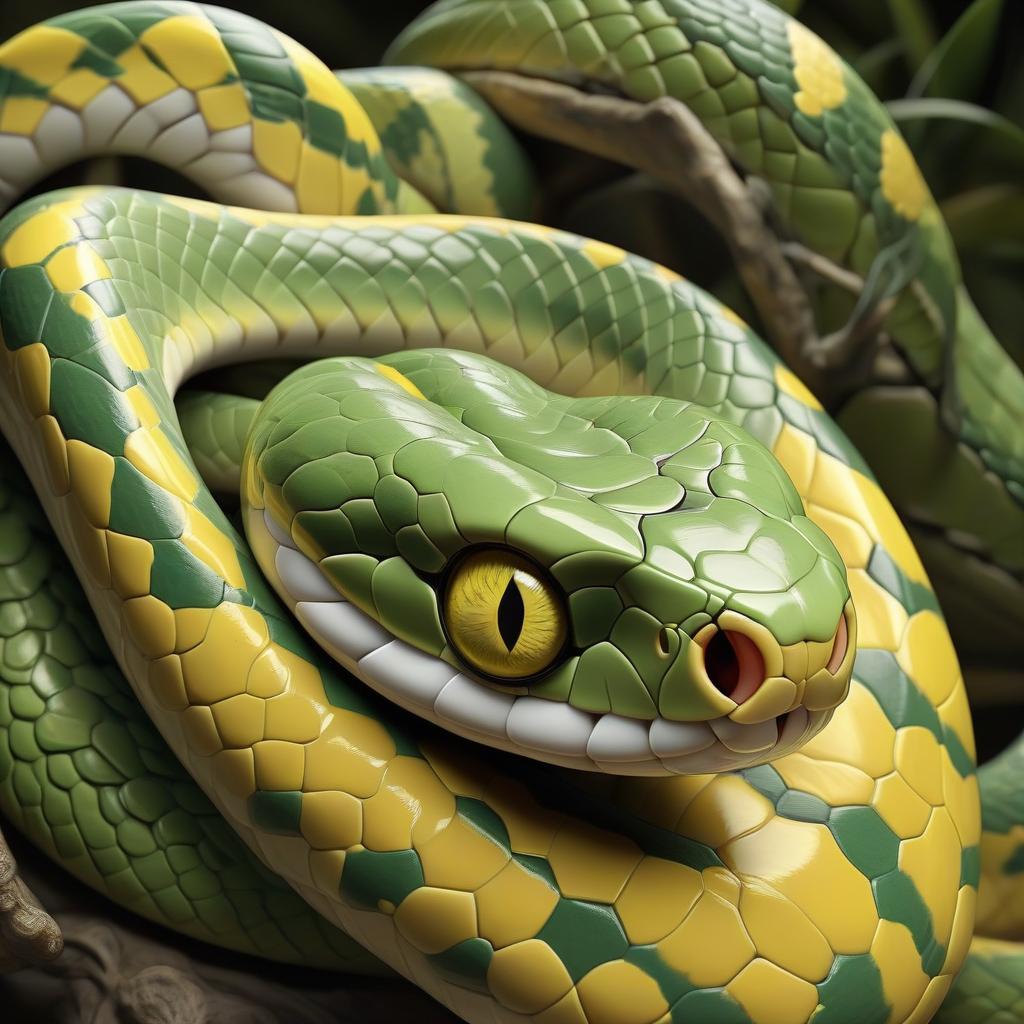  hyperrealistic art close up green yellow snake with detailed scaly skin and piercing yellow eye . extremely high resolution details, photographic, realism pushed to extreme, fine texture, incredibly lifelike