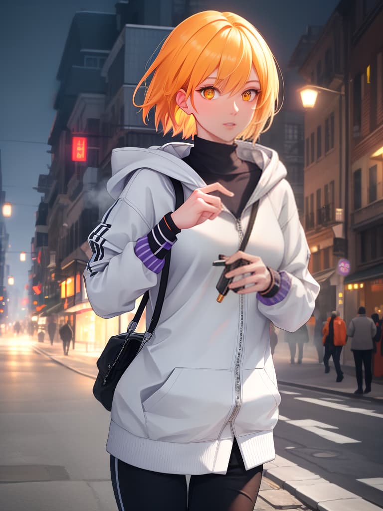  short bob, cool system, boyish, blond, hoodie, upper body only, skinny pants, sings, street, orange eye, active, purple, small milk, singing figure, masterpiece, best quality,8k,ultra detailed,high resolution,an extremely delicate and beautiful,hyper detail hyperrealistic, full body, detailed clothing, highly detailed, cinematic lighting, stunningly beautiful, intricate, sharp focus, f/1. 8, 85mm, (centered image composition), (professionally color graded), ((bright soft diffused light)), volumetric fog, trending on instagram, trending on tumblr, HDR 4K, 8K