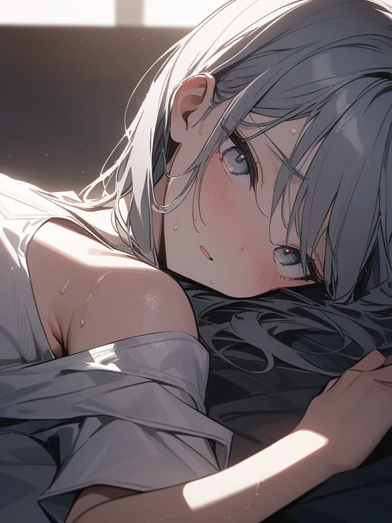  white liquid from the winner, shy, gray hair color, sweaty, white eyes, on bed, lying down, raising both arms on my head, big, big,, masterpiece, best quality,8k,ultra detailed,high resolution,an extremely delicate and beautiful,hyper detail