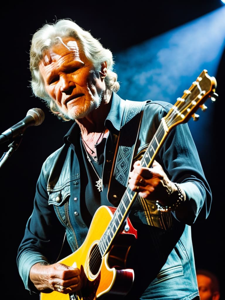  Country singer, Kris Kristofferson, on stage, medium shot, upper body, spotlight, long exposure lighting, street art style spray paint, glamour lighting