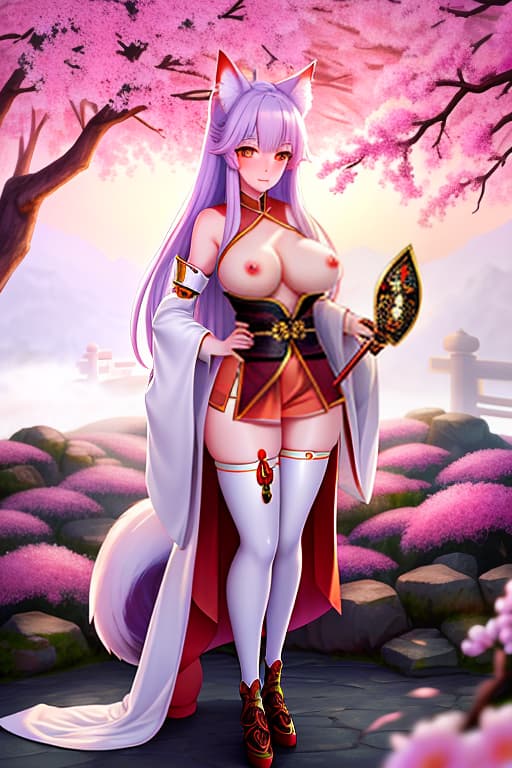  A beautiful kitsune girl with fox ears and a fluffy tail, wearing Han Dynasty armor, holds a guandao in her hands, in a peach blossom garden, dusk, anime style, full size yeti, Manga big eyes expressive faces colorful hair Hayao Miyazaki Masashi Kishimoto Makoto Shinkai CLAMP Yoshiyuki Sadamoto hyperrealistic, full body, detailed clothing, highly detailed, cinematic lighting, stunningly beautiful, intricate, sharp focus, f/1. 8, 85mm, (centered image composition), (professionally color graded), ((bright soft diffused light)), volumetric fog, trending on instagram, trending on tumblr, HDR 4K, 8K