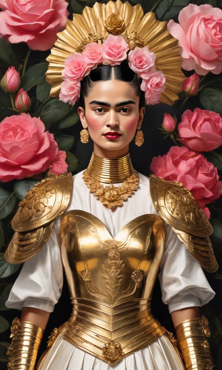  concept art color pink, white, black, gold frida kahlo to the waist in gold armor rose . digital artwork, illustrative, painterly, matte painting, highly detailed, perfect hands