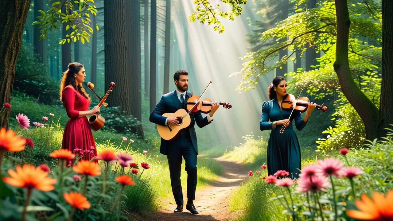  a serene woodland scene with musicians playing traditional instruments, surrounded by vibrant flowers and gentle streams, while ethereal light filters through tall trees, evoking a sense of peace and reverence for sacred folk music. hyperrealistic, full body, detailed clothing, highly detailed, cinematic lighting, stunningly beautiful, intricate, sharp focus, f/1. 8, 85mm, (centered image composition), (professionally color graded), ((bright soft diffused light)), volumetric fog, trending on instagram, trending on tumblr, HDR 4K, 8K