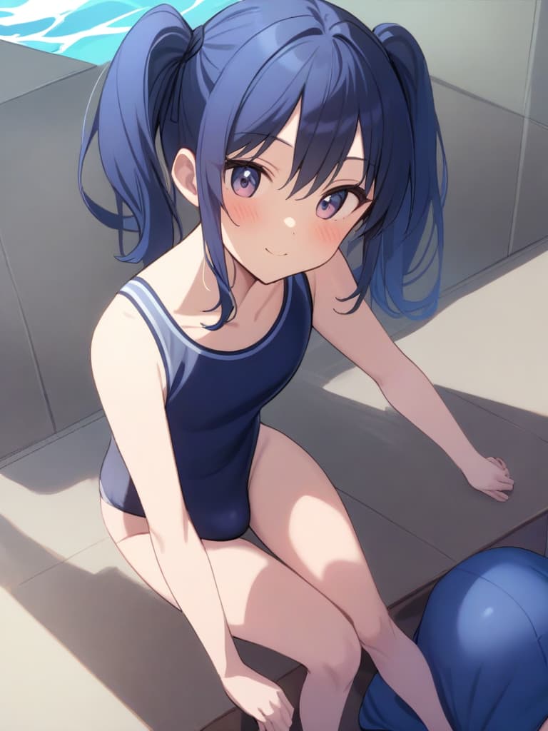  women's elementary students (male), twin tails, cute smiles, (rich s), low stature, dark blue swimwear, old swimwear, swimwear, simple (upward), male , (bulge), front, whole body, pool, pool. side,