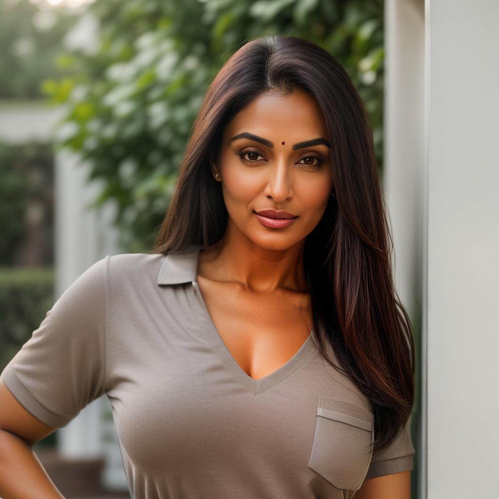  (((realistic full torso frontal head shot of a light brown to medium brown skin tone woman))), meera aishwarya patel, ((indian heritage)), mature face, hazel eye color, ((straight hair style)), ((black hair color)), ((athletic body type)), medium size, big size, (mature broad flat nose), (mature high cheekbones), (mature soft jawline), (mature medium lips), (mature prominent forehead), (mature symmetrical face), (mature arched eyebrows), standing straight looking directly into the camera,((wearing fitted polo shirt with deep v neck and monogrammed pocket)), backyard in background, 1, best quality, highest quality, award winning photo, masterpiece, raw, professional photography, photorealism, sharp focus, cinematic, high hyperrealistic, full body, detailed clothing, highly detailed, cinematic lighting, stunningly beautiful, intricate, sharp focus, f/1. 8, 85mm, (centered image composition), (professionally color graded), ((bright soft diffused light)), volumetric fog, trending on instagram, trending on tumblr, HDR 4K, 8K