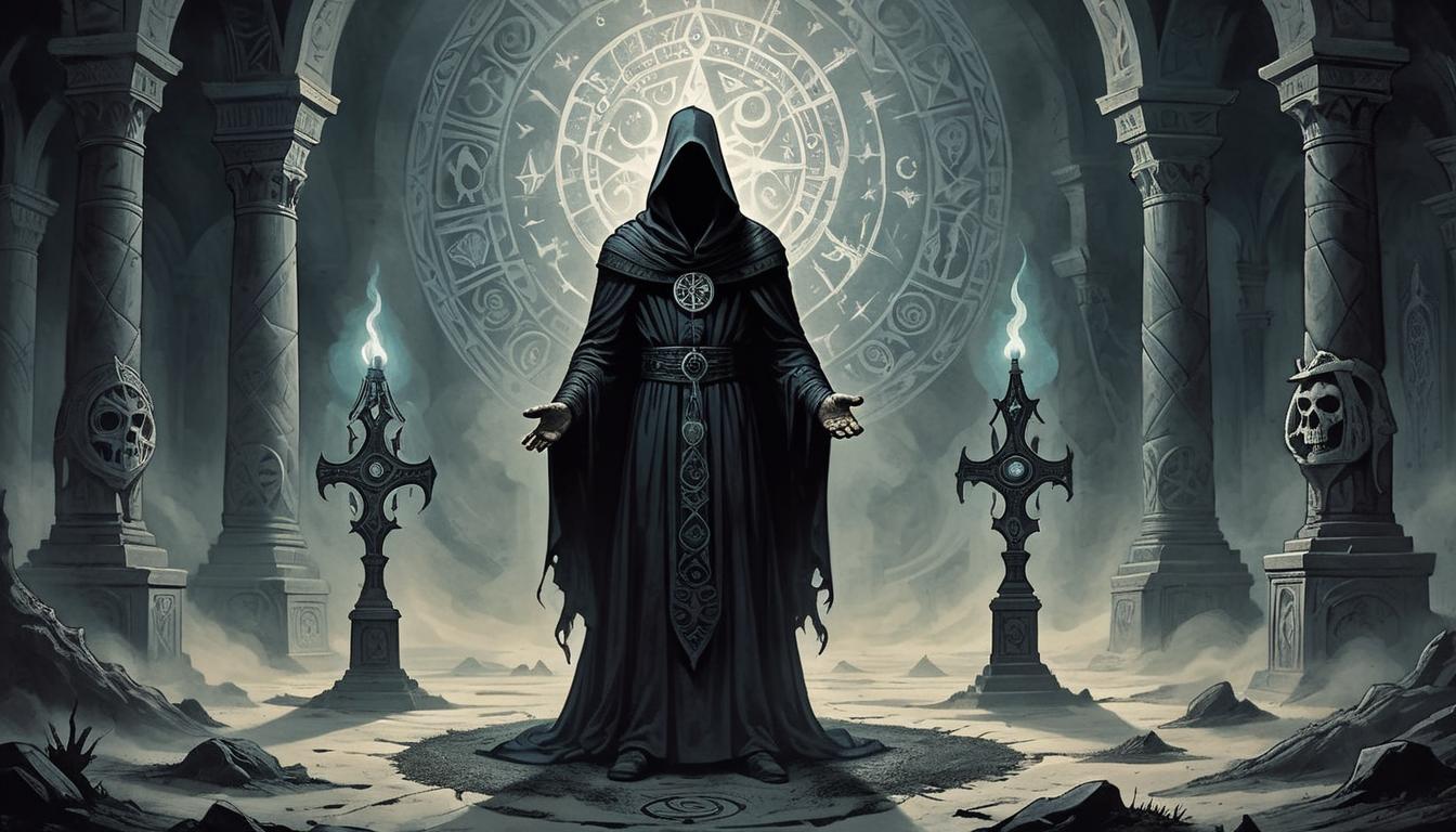  on parchment, surrealism+++, an individual, shrouded in shadows, standing before an altar, powerful aura emanating, surrounded by dark, intricate symbols etched into the ground, sense of power and transformation(mysterious, provocative, symbolic,muted color)+++