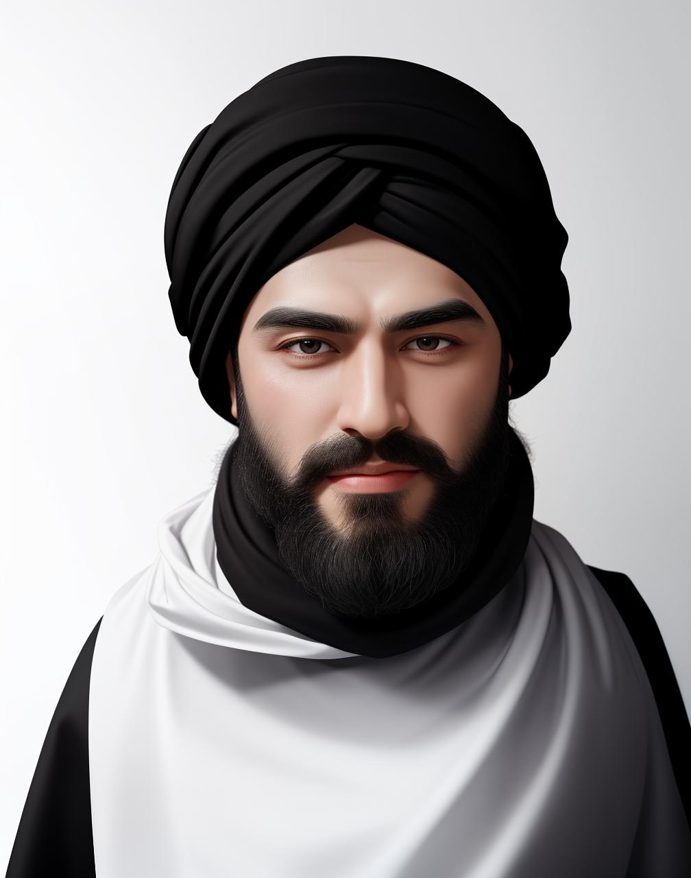  masterpiece, best quality, (masterpiece, best quality, high quality, highres, ultra detailed), realistic, male gender, 1 powerful man, white long dress, male gender, a powerful man, black background, simple black turban, royal white dress, fit and better face, clear face, male eyes, continuous male eyebrow, long male beard