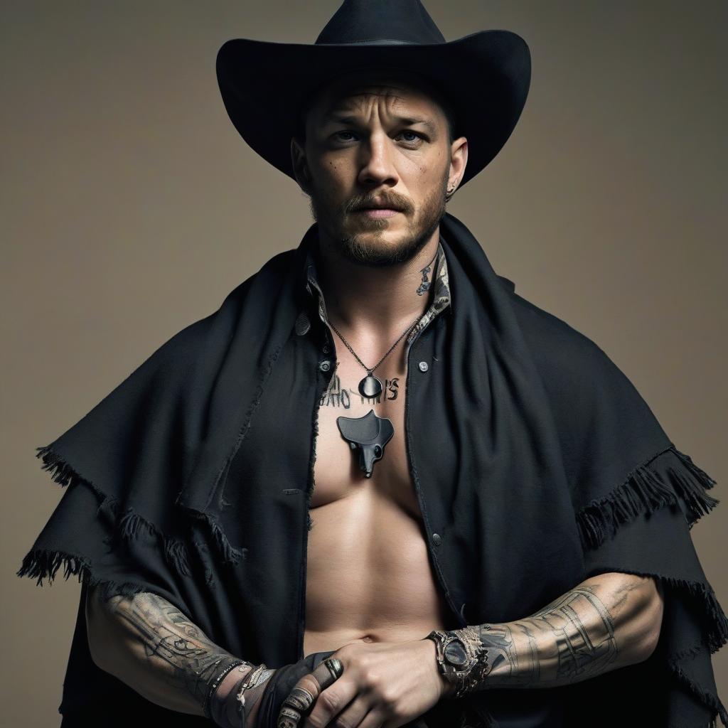  cowboy, tom hardy, tattoo, hat, poncho, gun, shirt