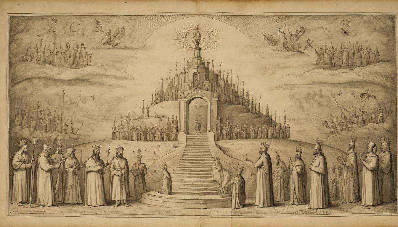  on parchment, surrealism++, crowning ceremony, figures ascending steps, radiant light from above, new positions, symbolic, ceremonious, triumphant(mysterious, provocative, symbolic)++