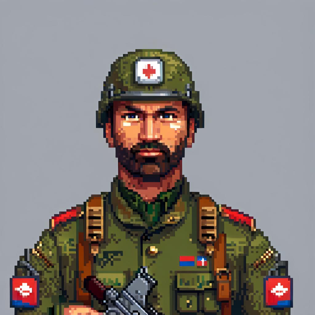  pixel art russian soldier pixel icon in game . low res, blocky, pixel art style, 8 bit graphics hyperrealistic, full body, detailed clothing, highly detailed, cinematic lighting, stunningly beautiful, intricate, sharp focus, f/1. 8, 85mm, (centered image composition), (professionally color graded), ((bright soft diffused light)), volumetric fog, trending on instagram, trending on tumblr, HDR 4K, 8K