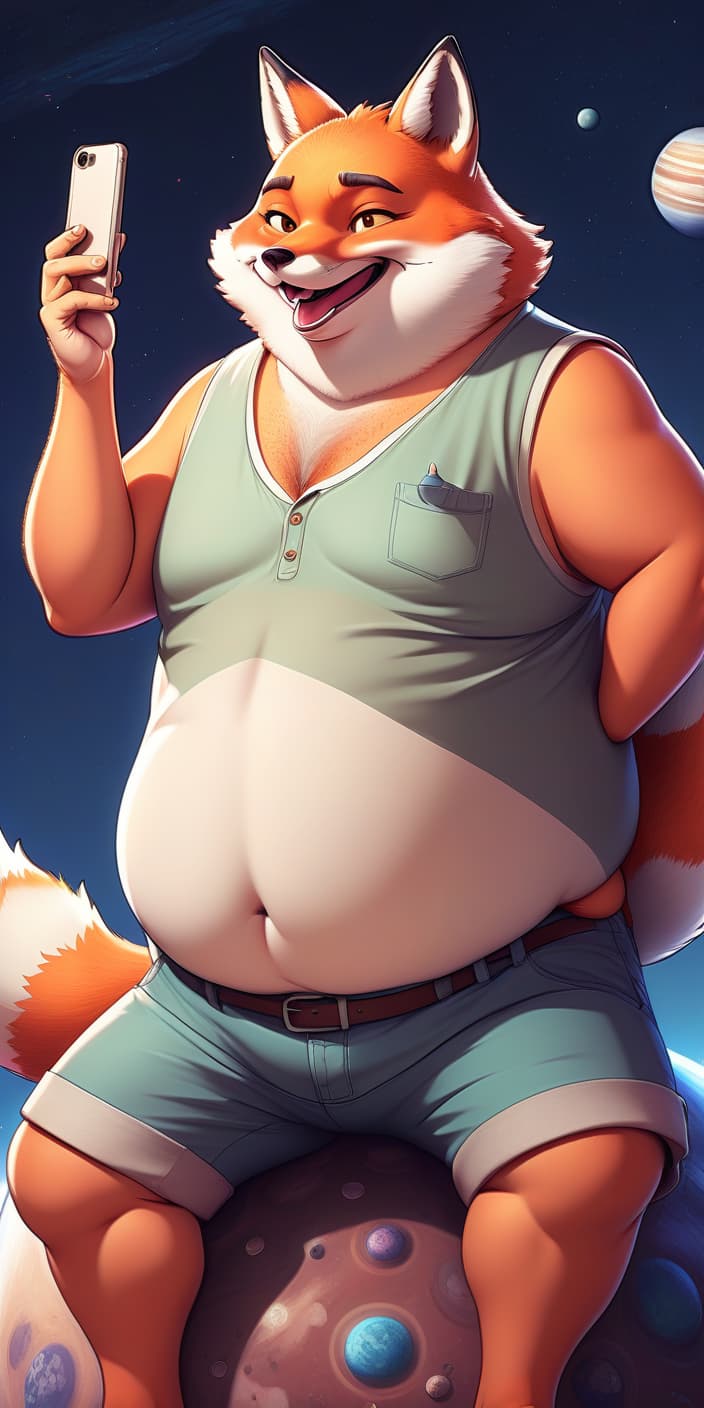  anime artwork selfie, (((giant))) anthropomorphic age male fox, fat, chubby, obese, ((freckles)), (((long neck))), wearing ((sleeveless shirt)) and gles, smiling, (((flat shading))), ((low angle)), ((full body portrait)), sitting on a planet . anime style, key visual, vint, studio anime, highly detailed