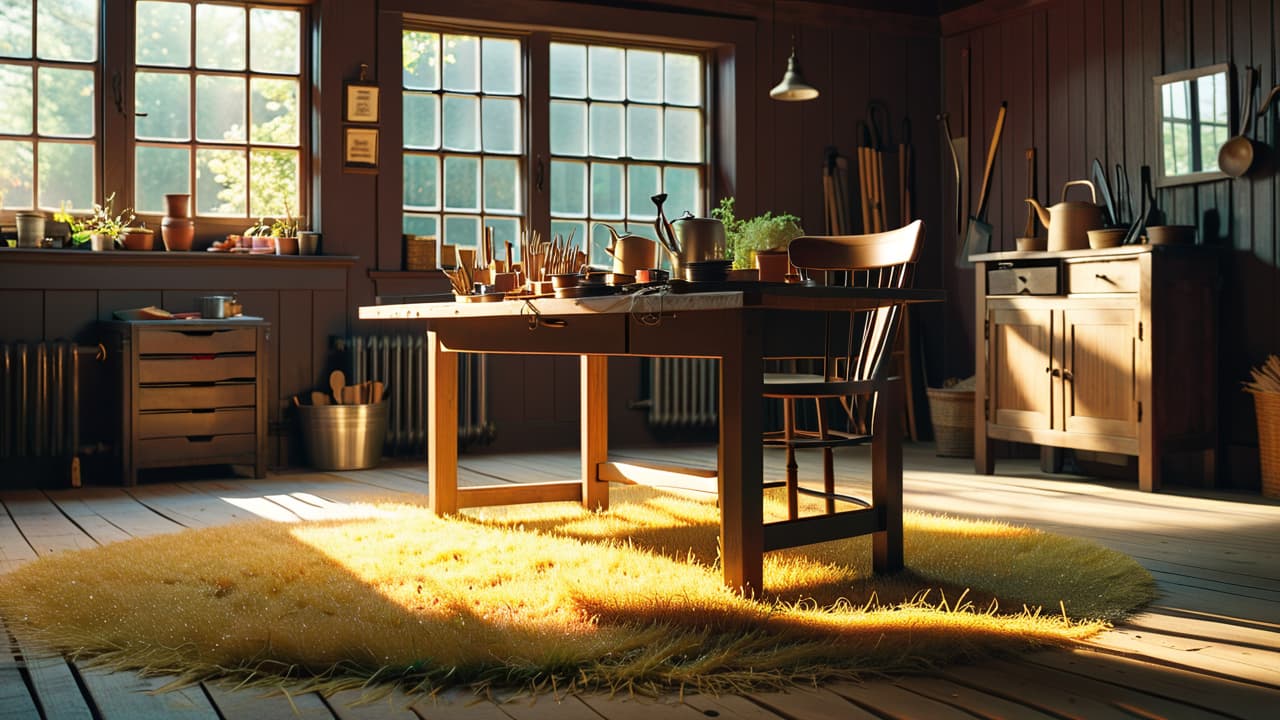  a rustic workshop with a wooden workbench, scattered tools, a partially assembled chair, and shavings on the floor, sunlight streaming through a window highlighting the grain of various wood pieces stacked nearby. hyperrealistic, full body, detailed clothing, highly detailed, cinematic lighting, stunningly beautiful, intricate, sharp focus, f/1. 8, 85mm, (centered image composition), (professionally color graded), ((bright soft diffused light)), volumetric fog, trending on instagram, trending on tumblr, HDR 4K, 8K