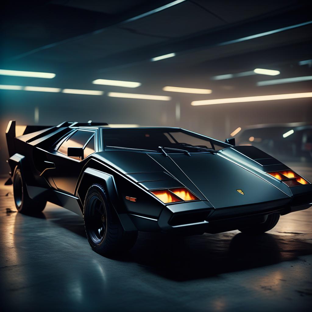  cinematic film still retro futuristic, black, brutal suv, externally reminiscent of the lamborghini countach. . shallow depth of field, vignette, highly detailed, high budget, bokeh, cinemascope, moody, epic, gorgeous, film grain, grainy