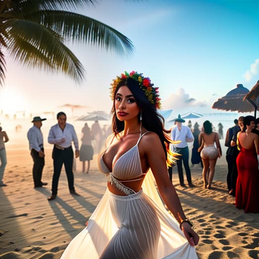  mexican bar on the beach with palms, dancing a crowd of people with cocktails hyperrealistic, full body, detailed clothing, highly detailed, cinematic lighting, stunningly beautiful, intricate, sharp focus, f/1. 8, 85mm, (centered image composition), (professionally color graded), ((bright soft diffused light)), volumetric fog, trending on instagram, trending on tumblr, HDR 4K, 8K