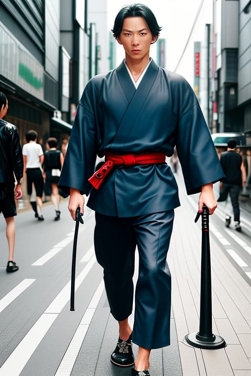  european man in his 30s, groomed, fresh, urban samurai, walks in front of tokyo