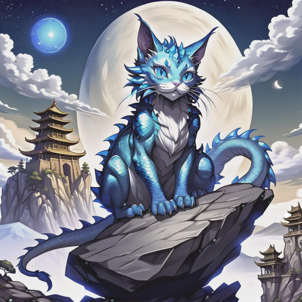  line art drawing (top quality:1.5), (masterpiece:1.4), (photo art style:1.3), dragon cat hybrid, shimmering scales, mesmerizing blue eyes, gleaming sharp claws, proudly stands on a rugged boulder, starry sky twinkling above, regal, guarding, observing, roaring, prowling, captured from a dramatic high angle view, digital painting technique, inspired by kim jung gi, brian froud, katsuya terada, surrealism, dark fantasy, rocky mountainous landscape with ancient ruins, ultra high detailed, 8k resolution, photorealistic, ultra realistic, celestial lighting style, cosmic color palette, enchanting visual effects, advanced artistic level, fusion of impressionism, art nouveau styles, currently trending on instagram. same nightmare. anime style . pro