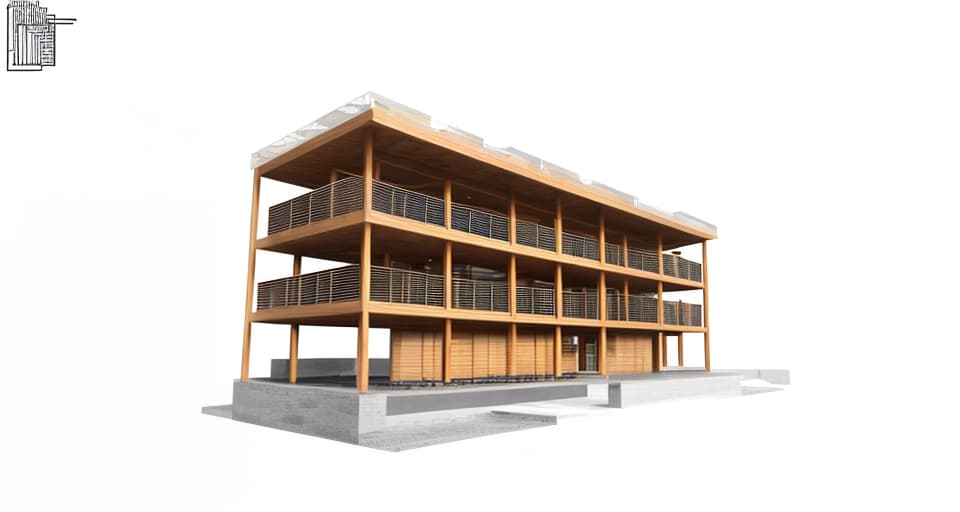 mdjrny-v4 style architecture, high quality, exterior perspective, 3 story wooden structure, large eaves on the ground floor as an entrance to welcome visitors, balcony with rich and green vegetation