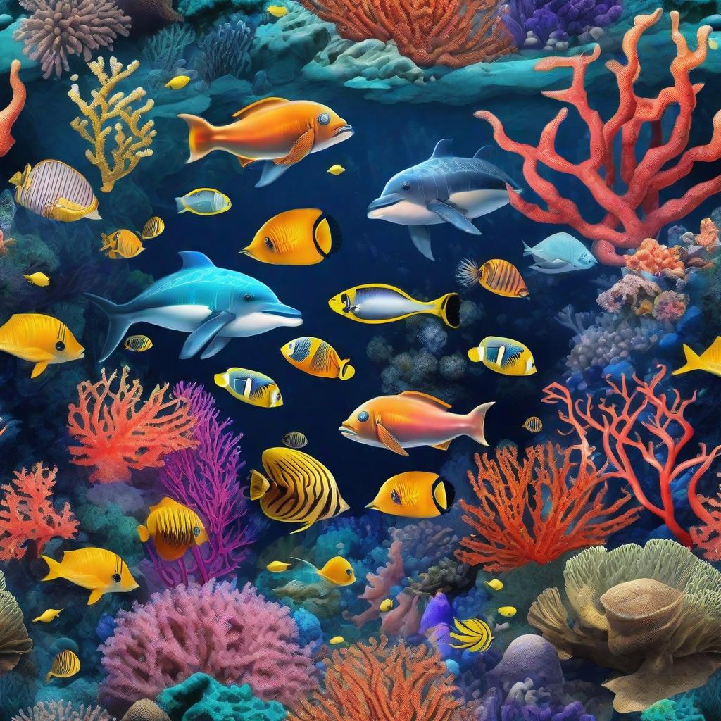  masterpiece, best quality, the beautiful deep sea is full of corals, diverse marine life and charming underwater landscapes, including corals, extremities, small fish, anemones, dolphins, various algae, caves, colorful, 8k resolution and complex details.