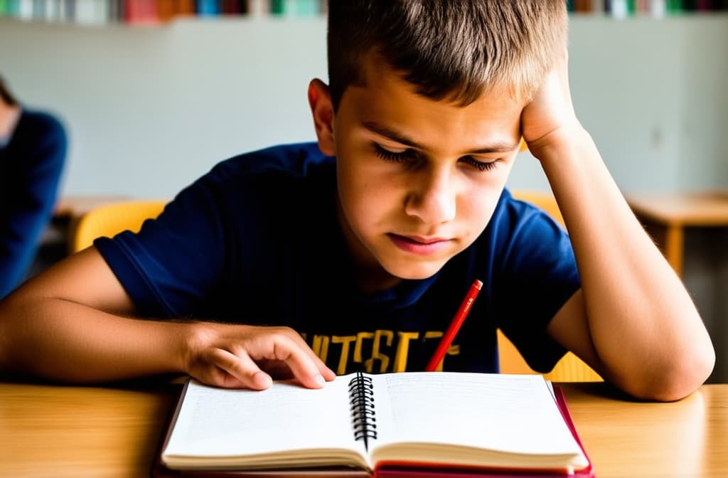  a primary school child sits at a table in front of a notebook and holds his head, tired of studying ar 3:2, (natural skin texture), highly detailed face, depth of field, hyperrealism, soft light, muted colors