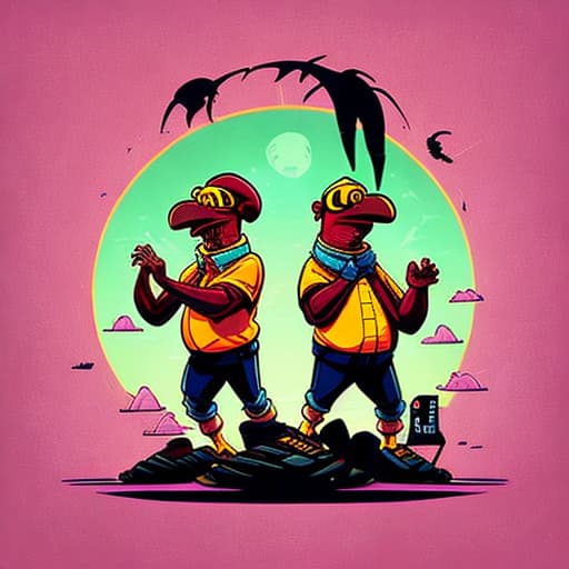  toejam and Earl from planet funkatron rapping on stage with the wutang clan in PrintDesign style