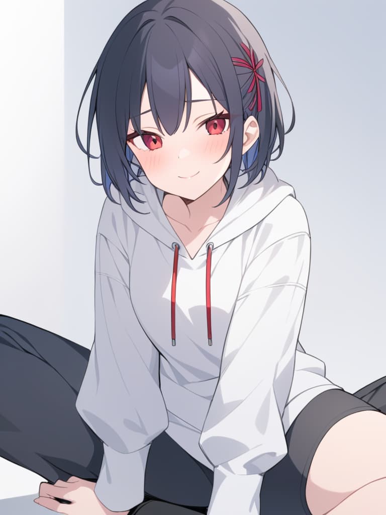  short black hair,red eyes,red hairpin,white hoodie,black pants,and a naughty smile.